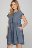 VESTIDO DENIM CAPAS MANGA TRENZA