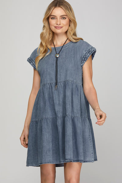 VESTIDO DENIM CAPAS MANGA TRENZA
